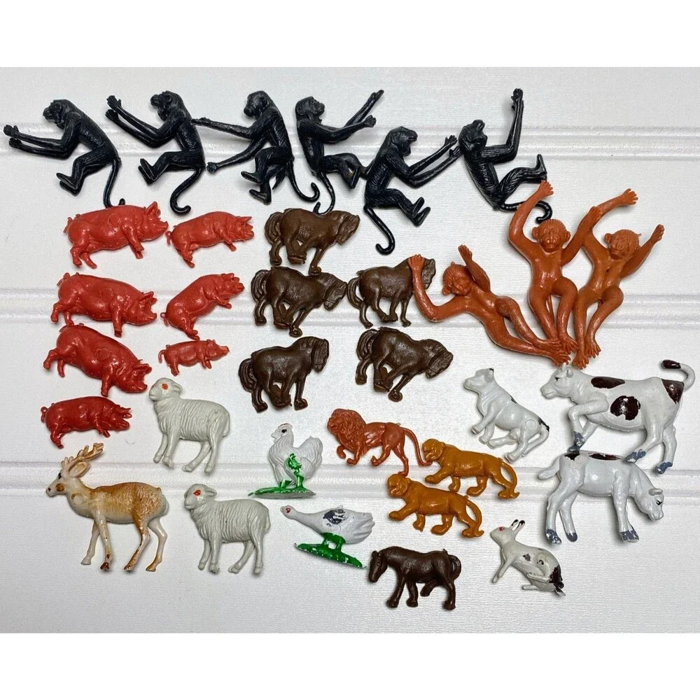 Vintage Hong Kong Miniature Mini Plastic Farm & Jungle Animals Lot of 34